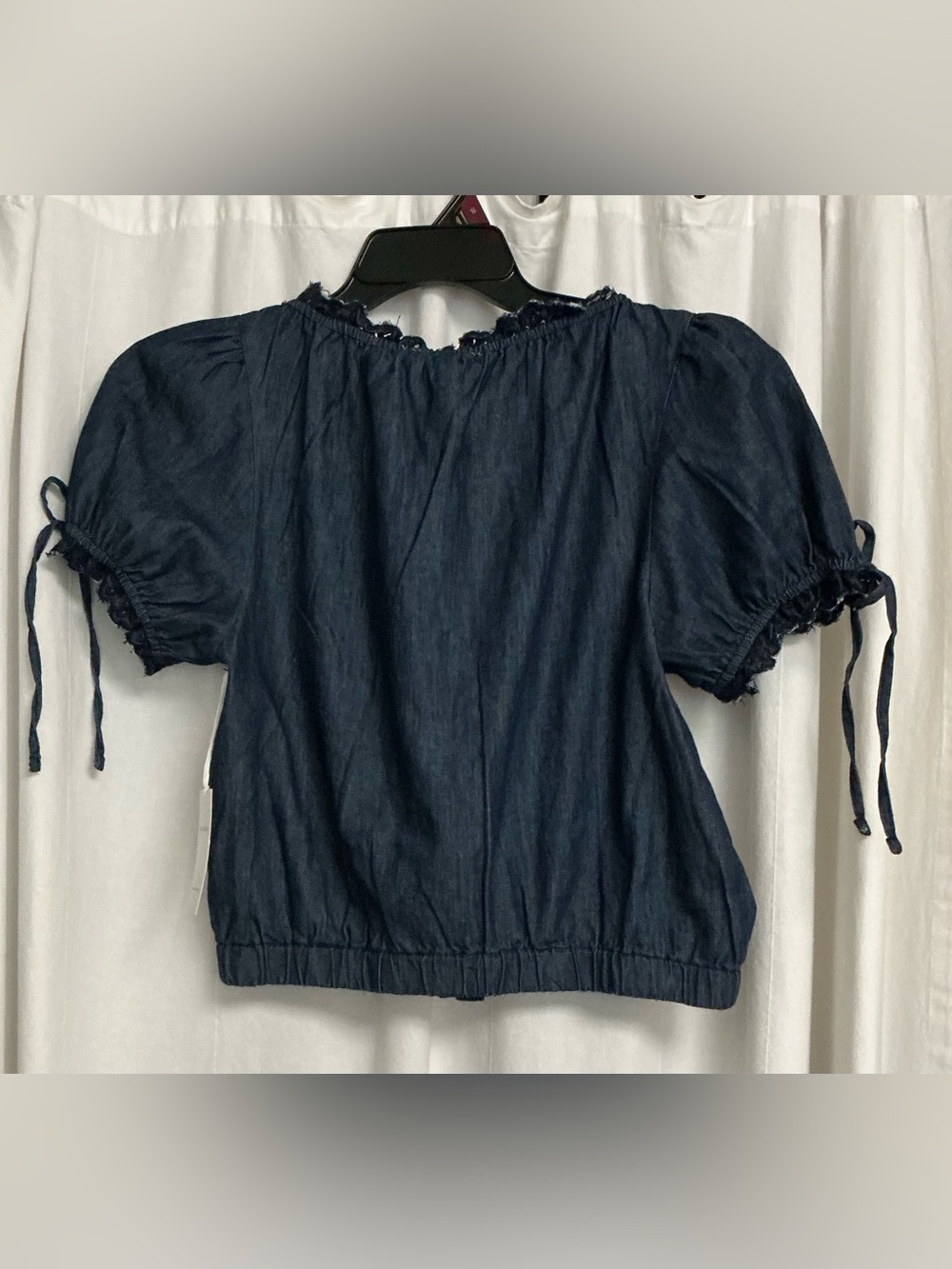 Free Assembly Embroidered Dark Wash Denim, Short Puff Sleeves Cropped Top-Small - Picture 2 of 6